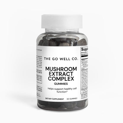 Bottle of 'Mushroom Extract Complex' gummies from 'The Go Well Co.' on a white background