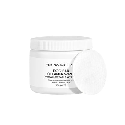 Dog ear cleaner wipe container with white lid on a light gray background