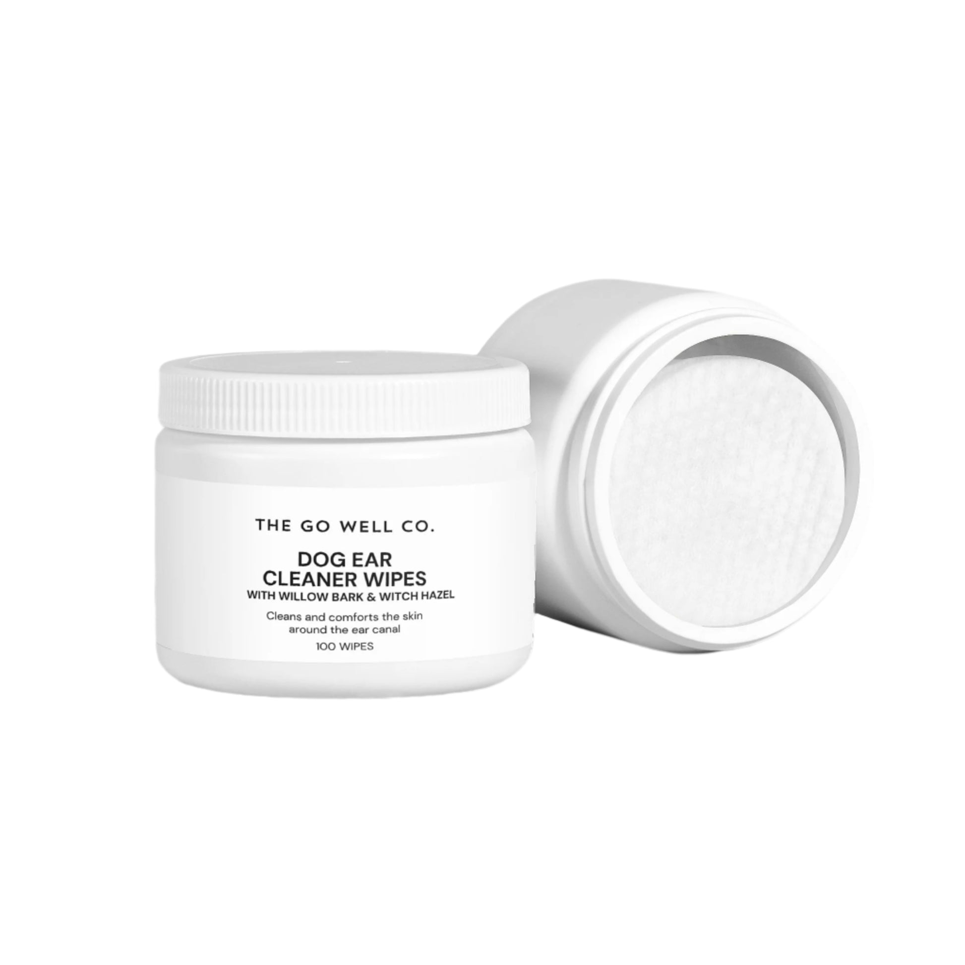 Dog ear cleaner wipes container from The Go Well Co. on a white background