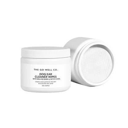 Dog ear cleaner wipes container from The Go Well Co. on a white background