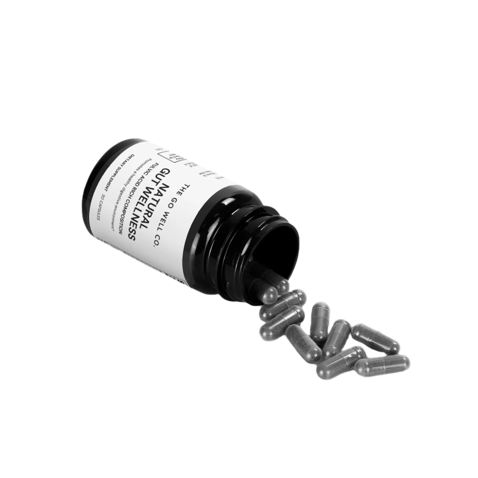 Bottle of supplements with capsules spilling out on a white background