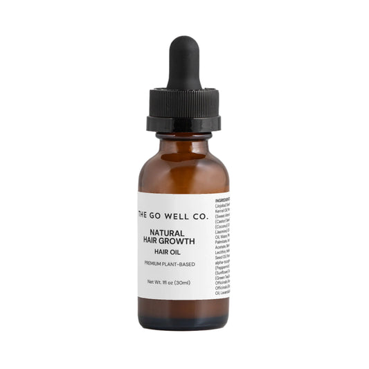 Bottle of The Go Well Co. natural hair growth hair oil with a dropper on a white background