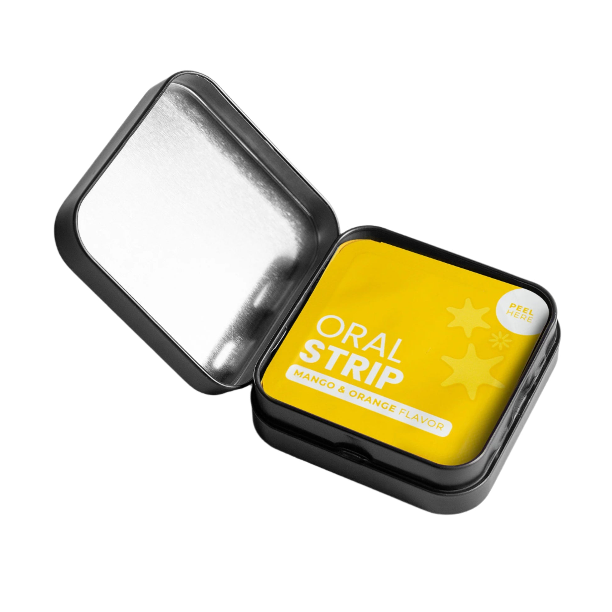 Yellow container labeled 'Oral Strip' with a silver lid on a light gray background