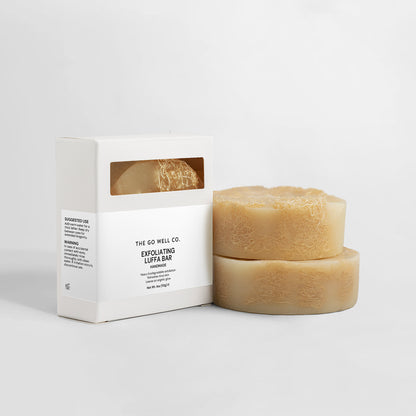 Exfoliating Luffa Bar from The Go Well Co. with packaging on a white background