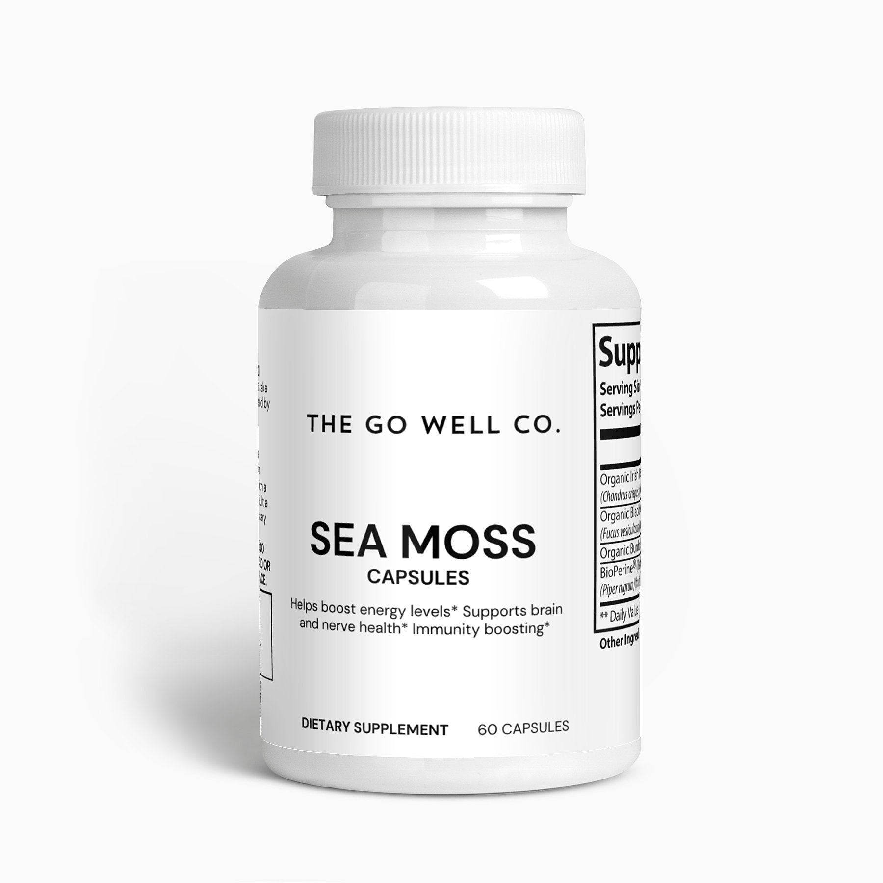 White bottle of Sea Moss capsules from The Go Well Co. on a white background