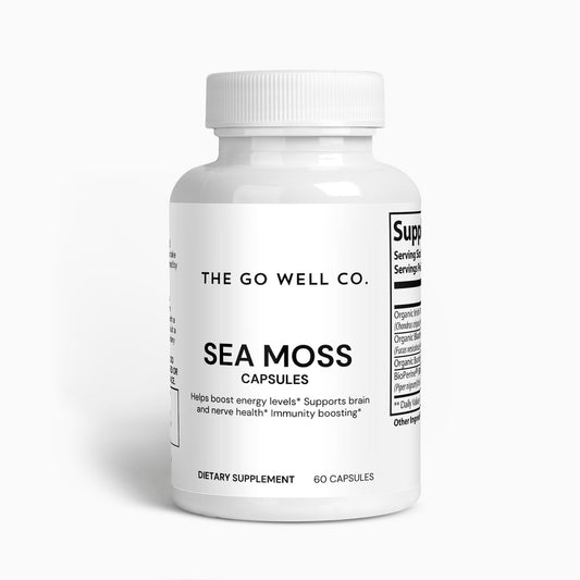 White bottle of Sea Moss capsules from The Go Well Co. on a white background
