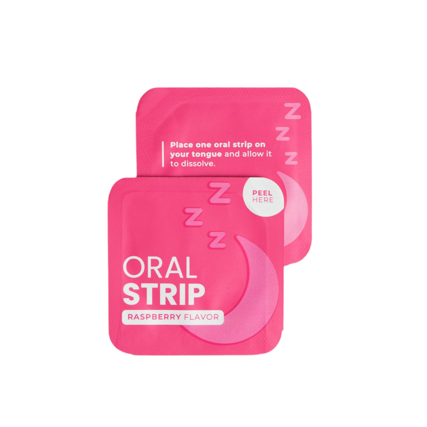 Pink oral strip packaging with text on a light gray background