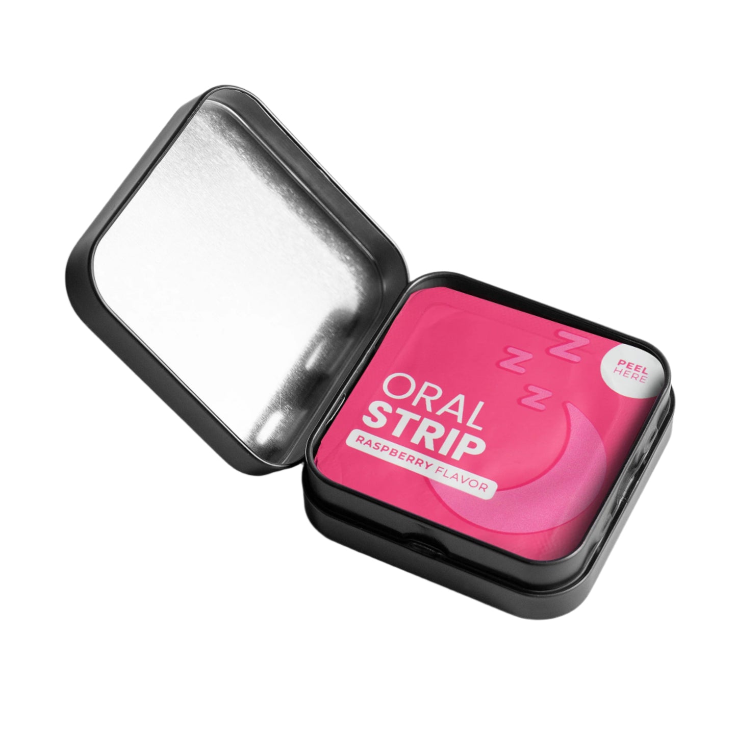 Pink oral strip in a black tin with 'Oral Strip' text on a light gray background