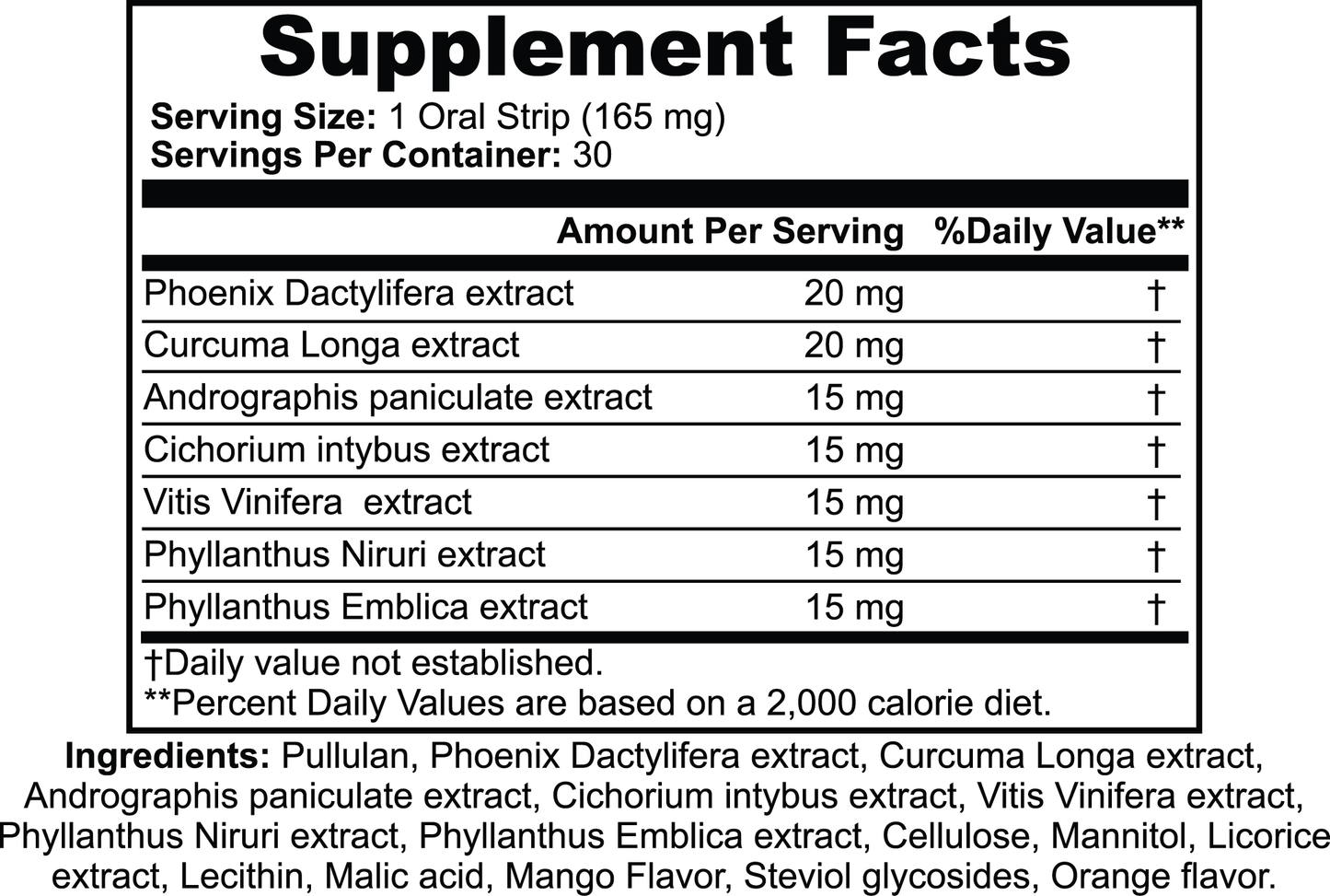 Supplement facts label with various extracts and their amounts per serving.