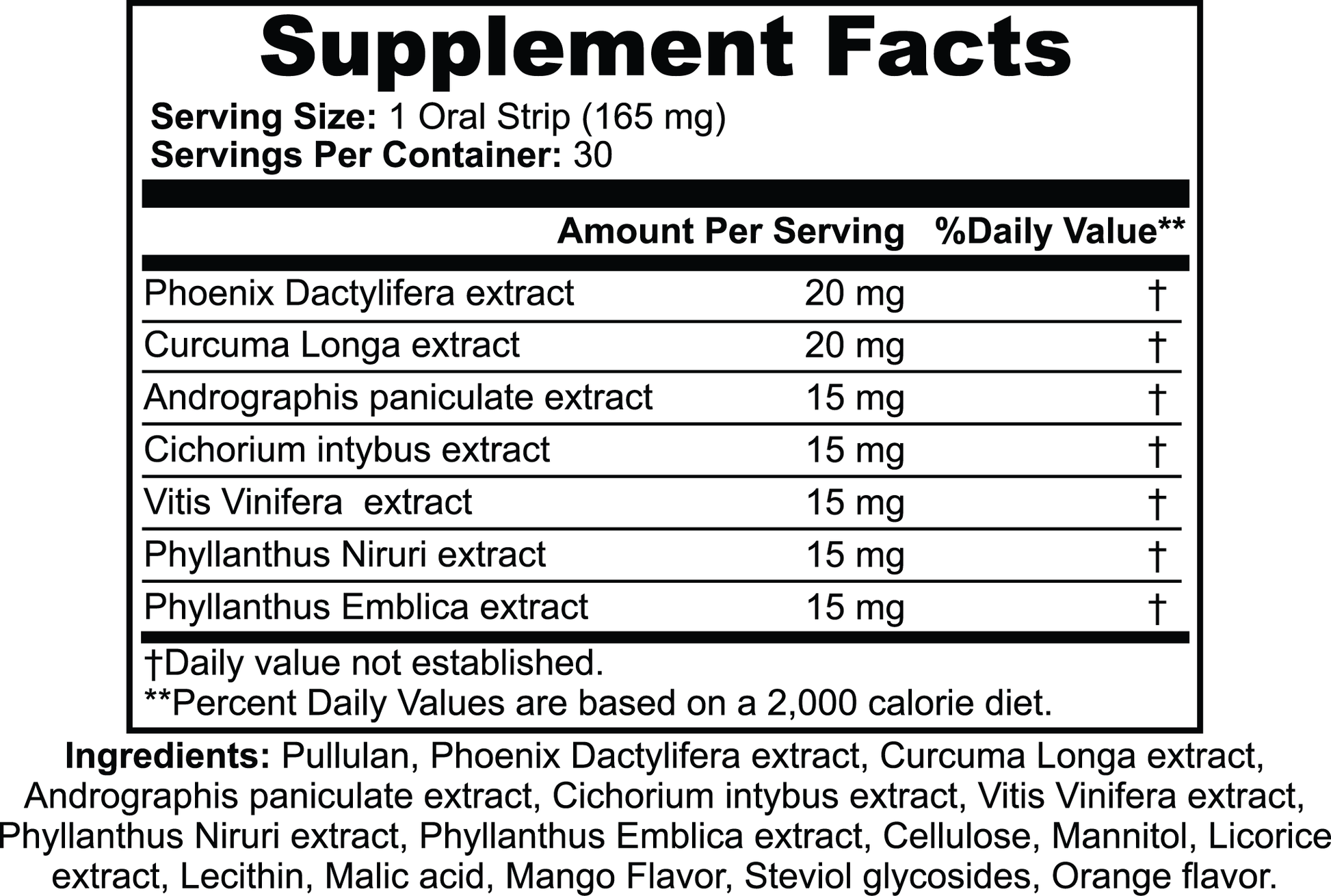 Supplement facts label with various extracts and their amounts per serving.