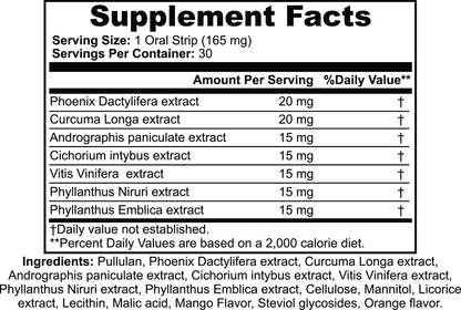 Supplement facts label with various extracts and their amounts per serving.