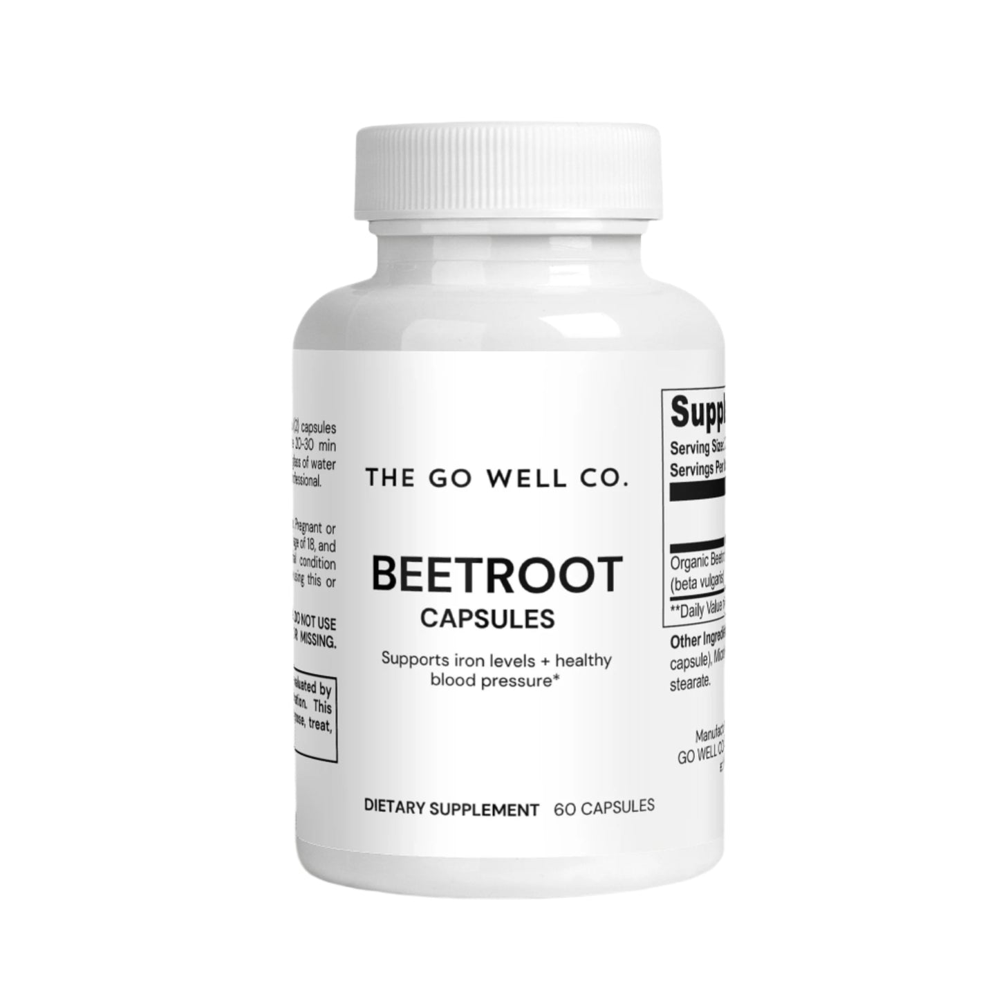 Bottle of Organic Beetroot 60 Capsules labeled 'The Go Well Co.' on a white background