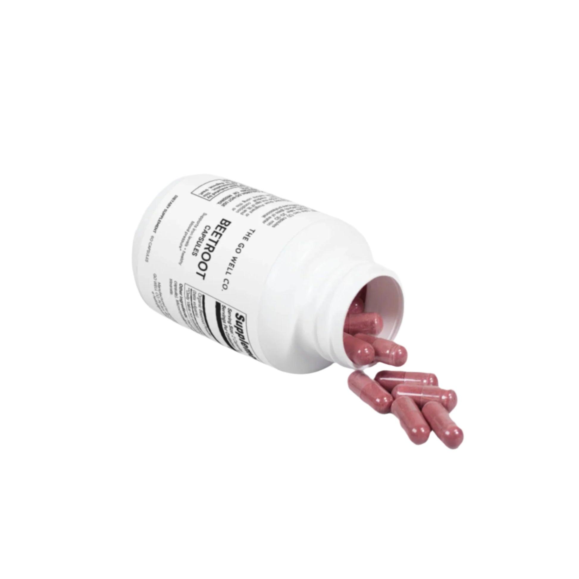 Open container of pink Beet capsules with visible label on a white background