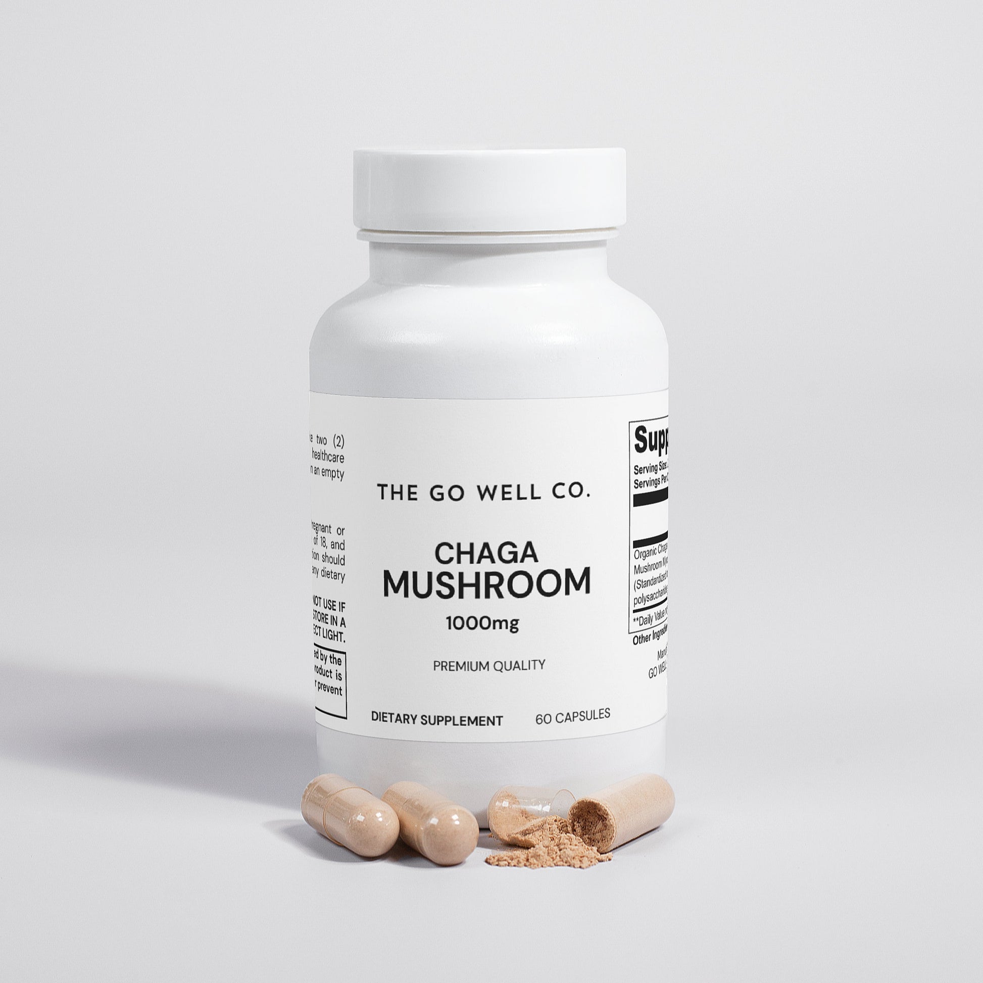 Supplement bottle labeled 'Chaga Mushroom' from 'The Go Well Co.' on a light gray background