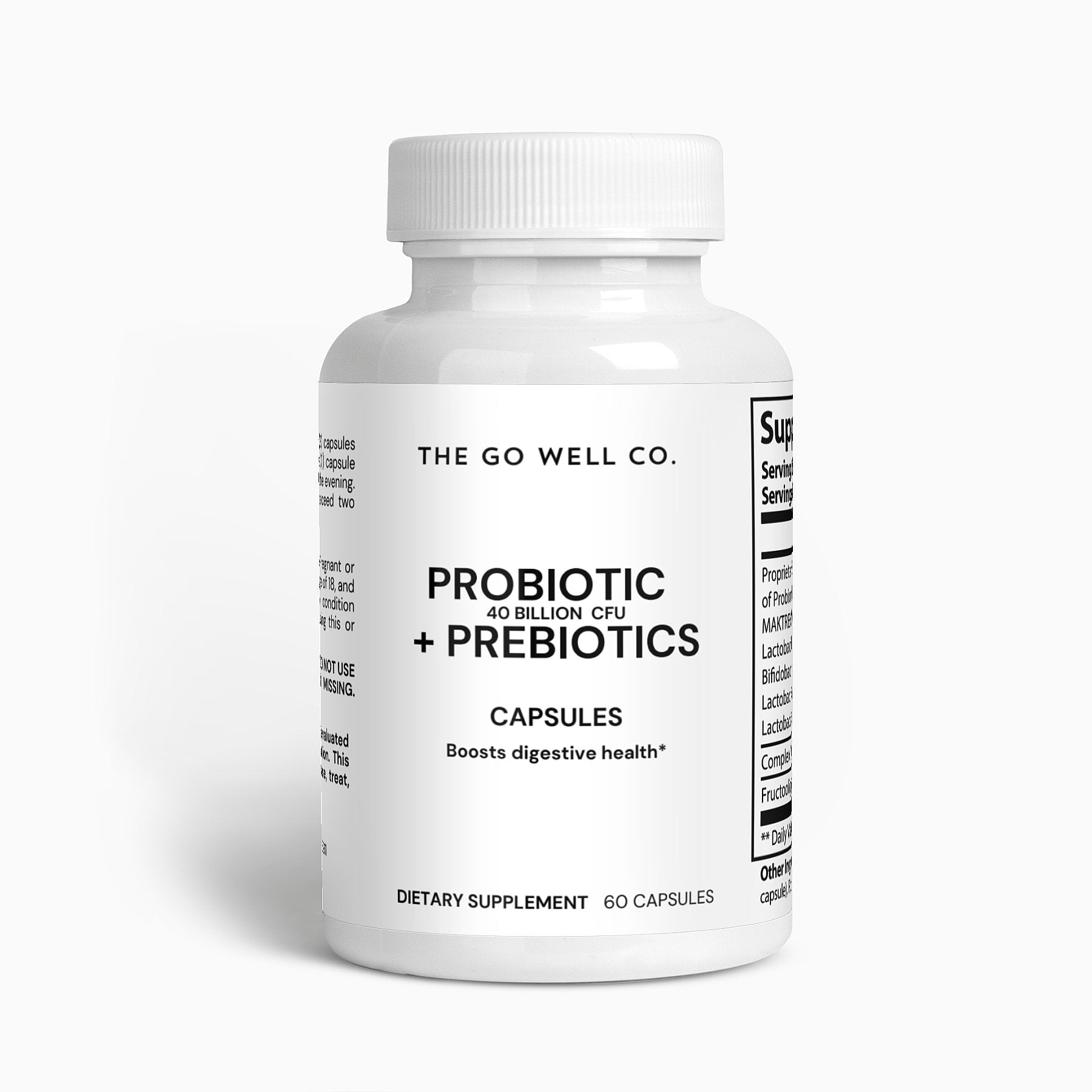 White supplement bottle labeled 'Probiotic + Prebiotics' from The Go Well Co. on a white background
