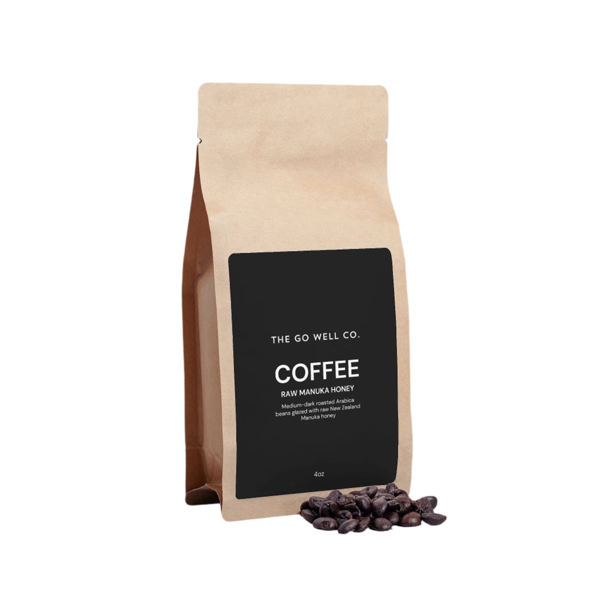 Coffee bag from The Go Well Co. with coffee beans on a white background