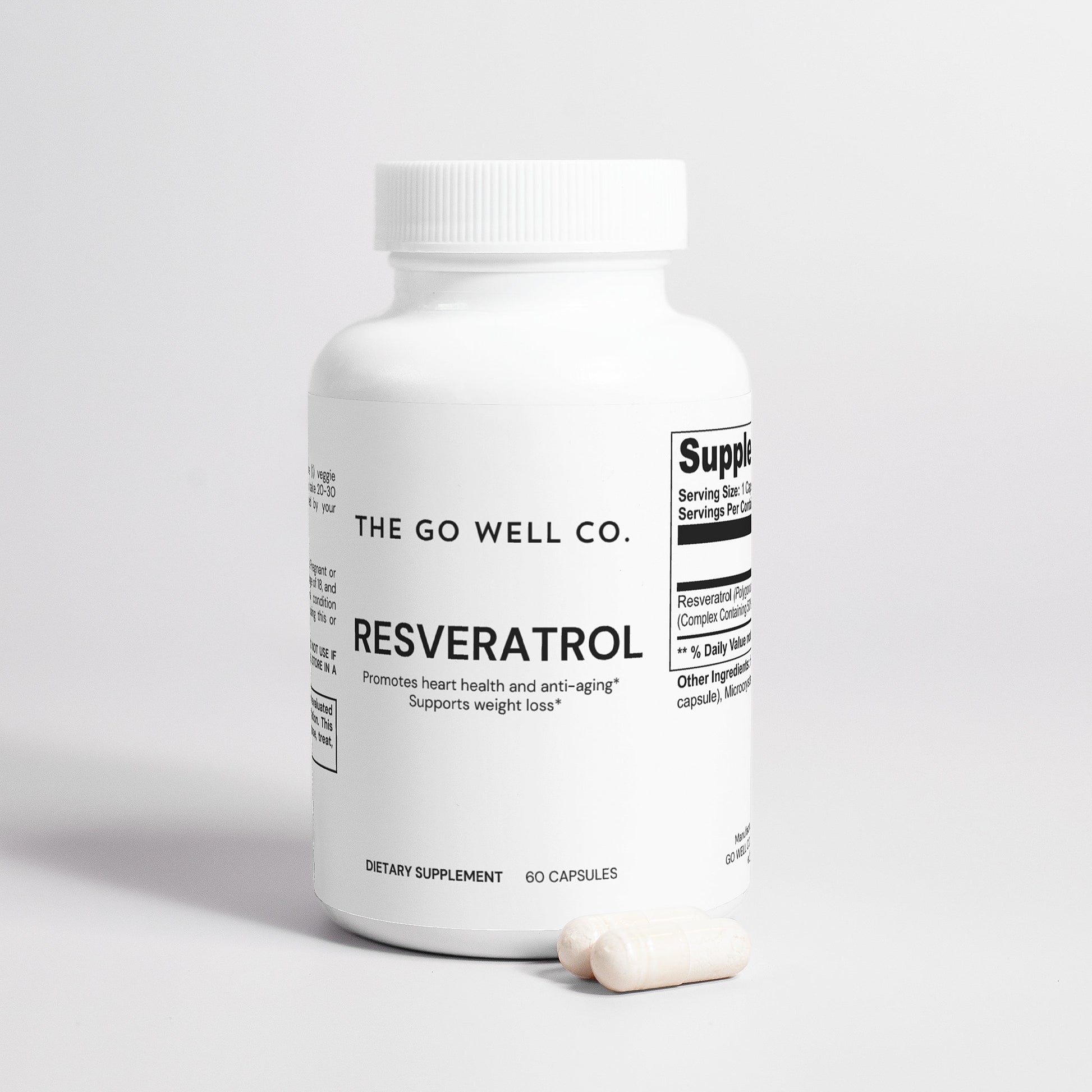 Supplement bottle labeled 'The Go Well Co. Resveratrol' on a light gray background