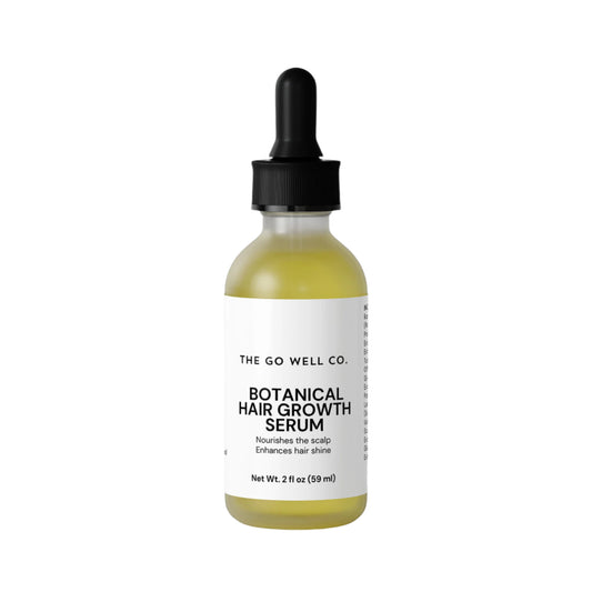 Bottle of Botanical Hair Growth Serum from The Go Well Co. on a white background