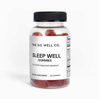 Bottle of 'Sleep Well' gummies from The Go Well Co. on a white background