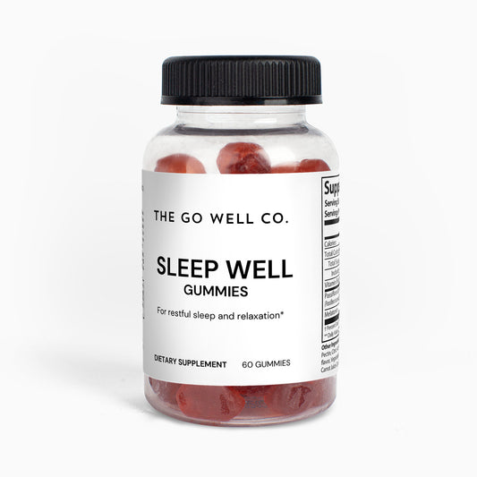 Bottle of 'Sleep Well' gummies from The Go Well Co. on a white background