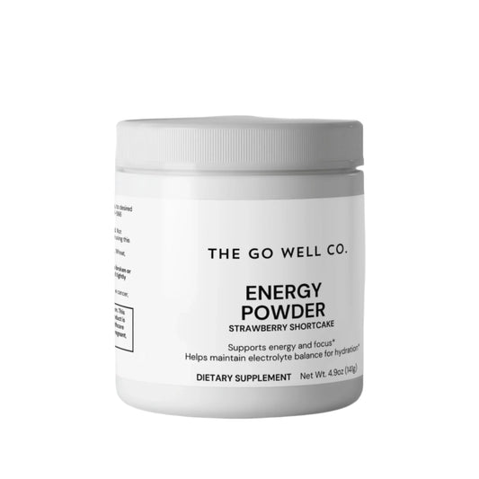 White container of 'Energy Powder' by The Go Well Co. on a white background