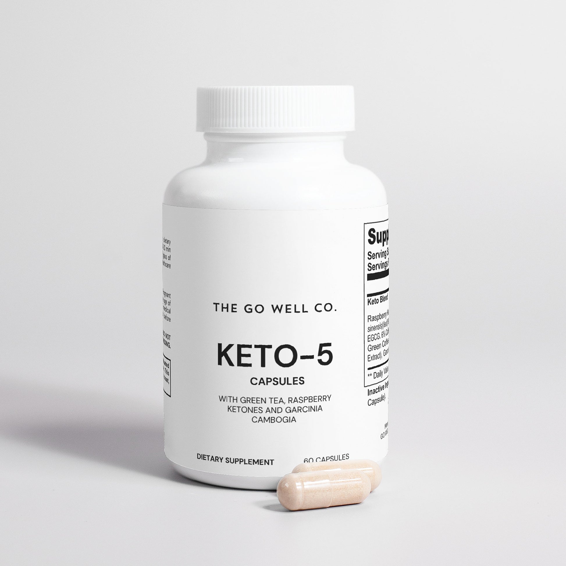 White supplement bottle labeled 'Keto-5' from The Go Well Co. on a light gray background